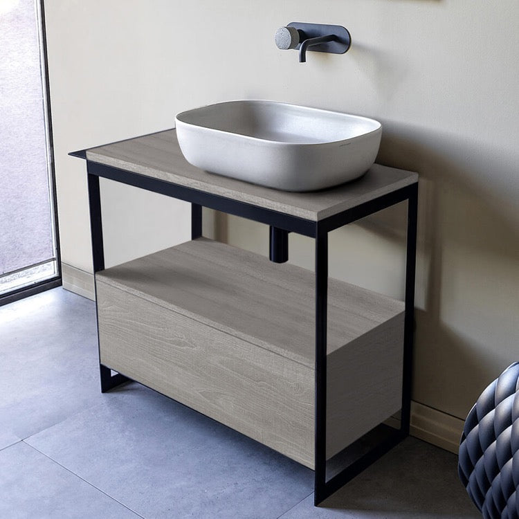 Solid Console Sink Vanity With Ceramic Vessel Sink and Grey Oak Drawer - Stellar Hardware and Bath 