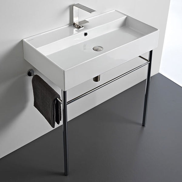 Teorema Rectangular Ceramic Console Sink and Polished Chrome Stand - Stellar Hardware and Bath 