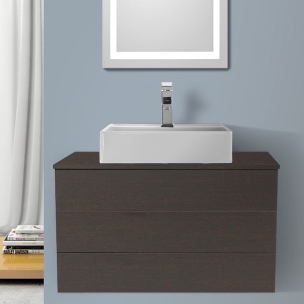 32 Inch Grey Oak Vessel Sink Bathroom Vanity, Wall Mounted - Stellar Hardware and Bath 