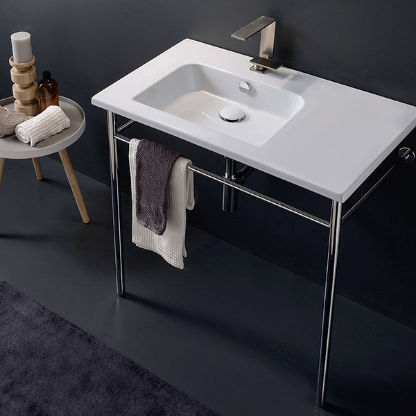 Etra Rectangular Ceramic Console Sink and Polished Chrome Stand - Stellar Hardware and Bath 