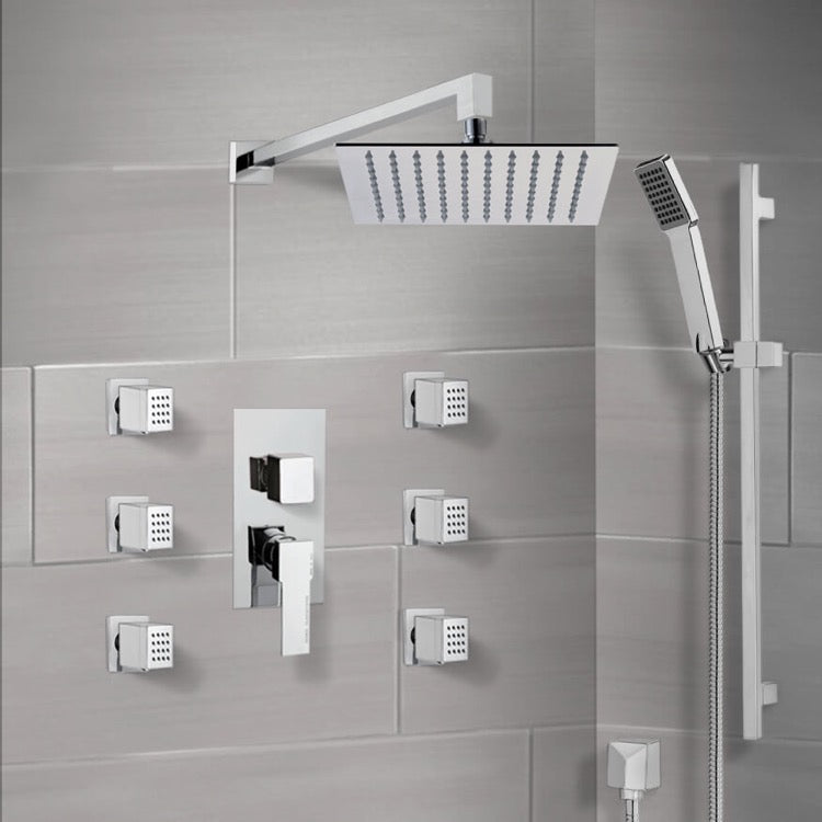 Raniero Chrome Shower System with 10" Rain Shower Head, Hand Shower, and Body Sprays - Stellar Hardware and Bath 