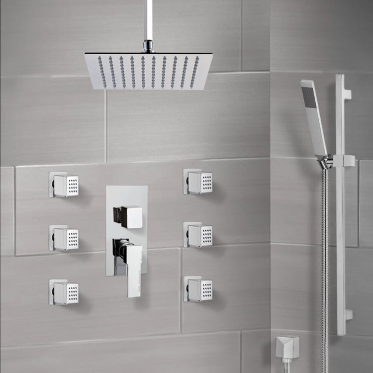 Raniero Chrome Shower System with Ceiling 10" Rain Shower Head, Hand Shower, and Body Sprays - Stellar Hardware and Bath 