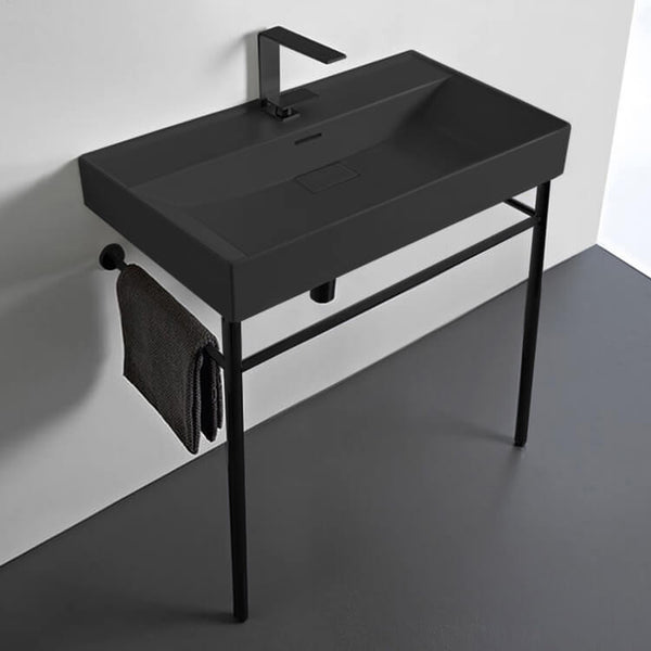 Sharp Rectangular Matte Black Ceramic Console Sink and Matte Black Stand - Stellar Hardware and Bath 