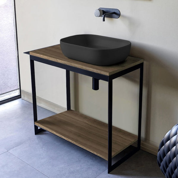 Solid Console Sink Vanity With Matte Black Vessel Sink and Natural Brown Oak Shelf - Stellar Hardware and Bath 