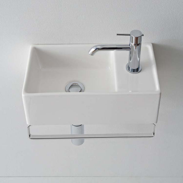 Teorema Small Wall Mounted Ceramic Sink With Polished Chrome Towel Bar - Stellar Hardware and Bath 