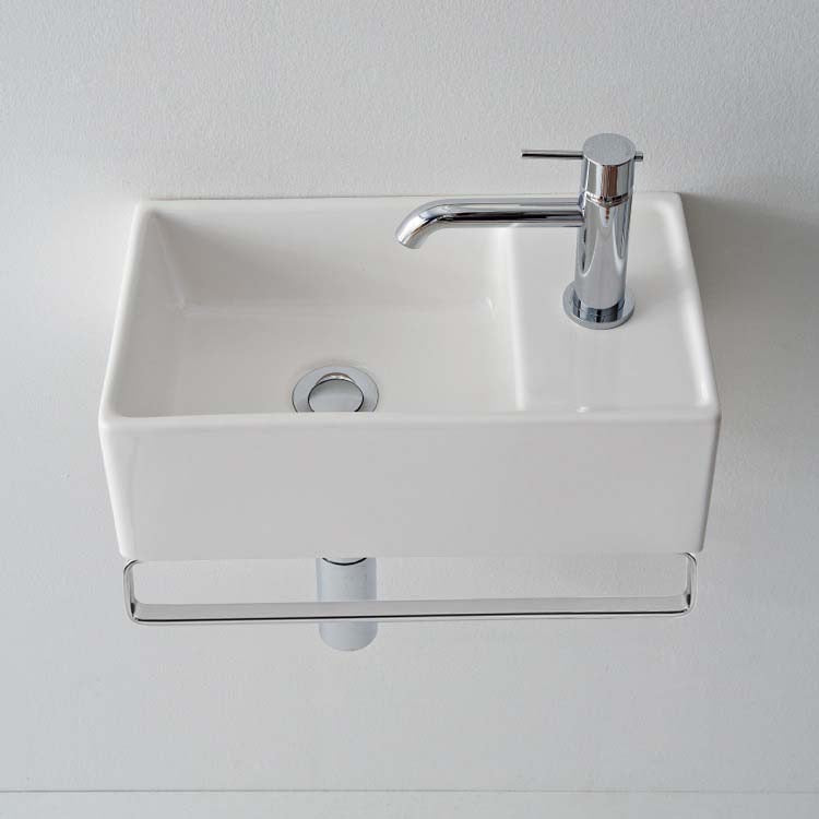 Teorema Small Wall Mounted Ceramic Sink With Polished Chrome Towel Bar - Stellar Hardware and Bath 