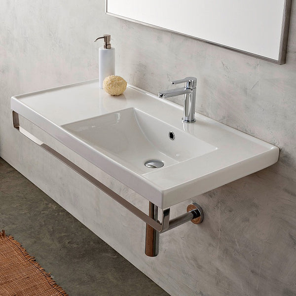 ML Rectangular Wall Mounted Ceramic Sink With Polished Chrome Towel Bar - Stellar Hardware and Bath 