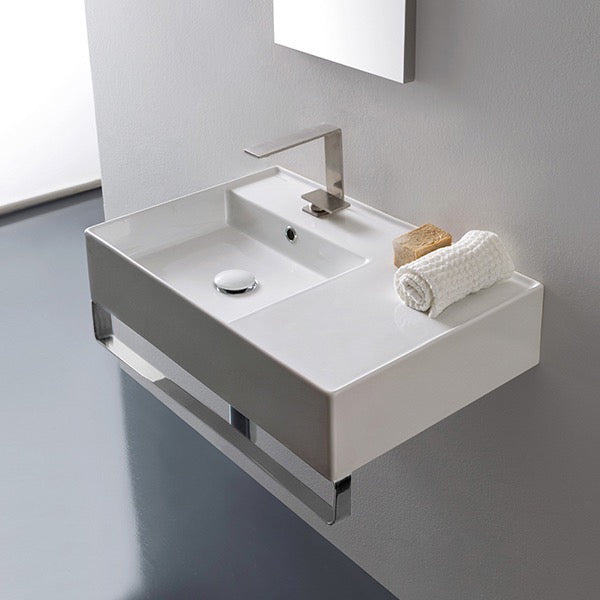 Teorema 2 Rectangular Ceramic Wall Mounted Sink With Counter Space, Towel Bar Included - Stellar Hardware and Bath 