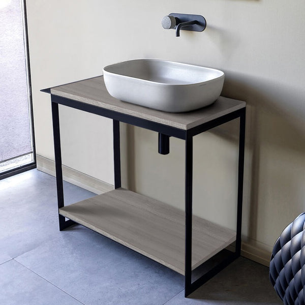 Solid Console Sink Vanity With Ceramic Vessel Sink and Grey Oak Shelf - Stellar Hardware and Bath 
