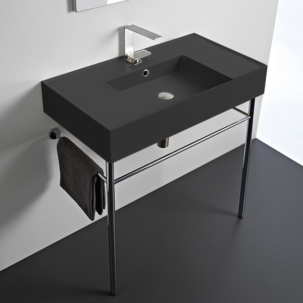 Teorema 2 Modern Matte Black Ceramic Console Sink and Polished Chrome Base - Stellar Hardware and Bath 