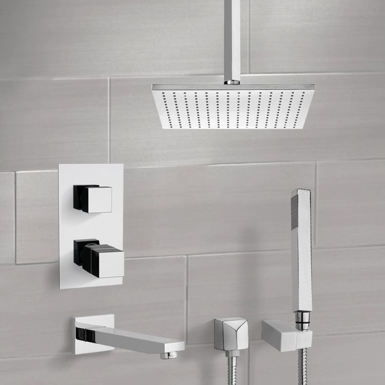 Tyga Chrome Thermostatic Tub and Shower System with Ceiling 12" Rain Shower Head and Hand Shower - Stellar Hardware and Bath 