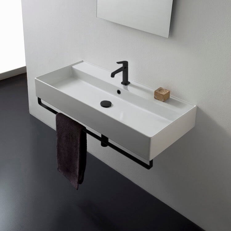 Teorema Rectangular Wall Mounted Ceramic Sink With Matte Black Towel Bar - Stellar Hardware and Bath 