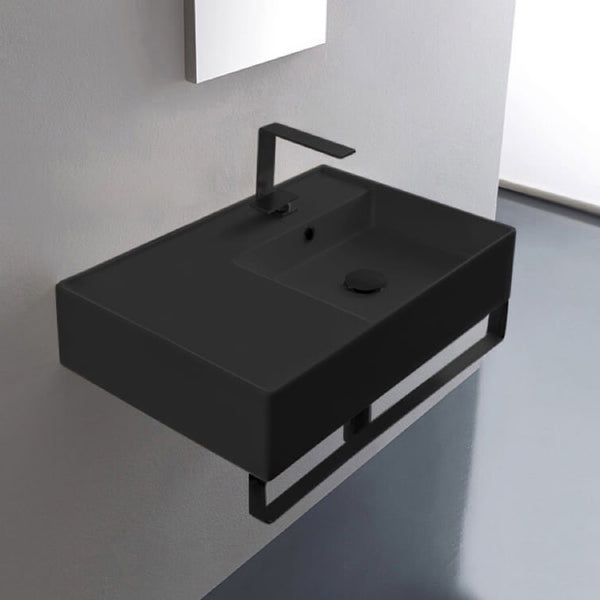 Teorema 2 Matte Black Ceramic Wall Mounted Sink With Matte Black Towel Bar - Stellar Hardware and Bath 