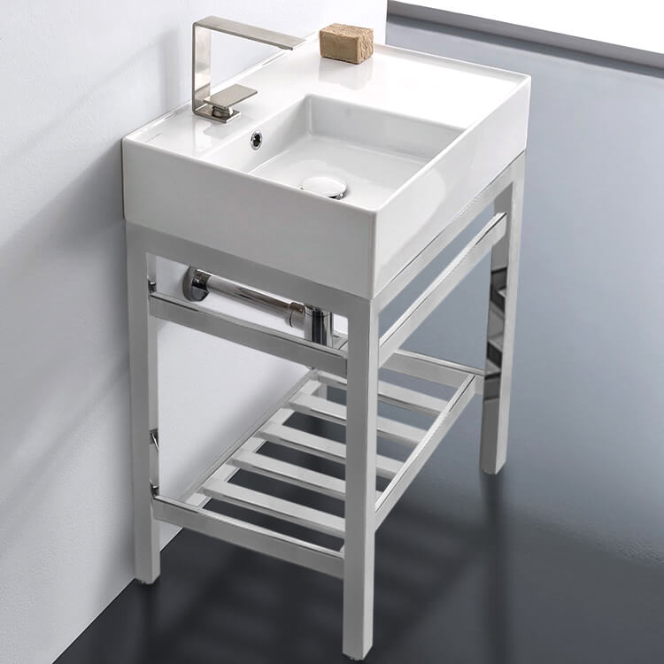 Teorema 2 Modern Ceramic Console Sink With Counter Space and Chrome Base - Stellar Hardware and Bath 