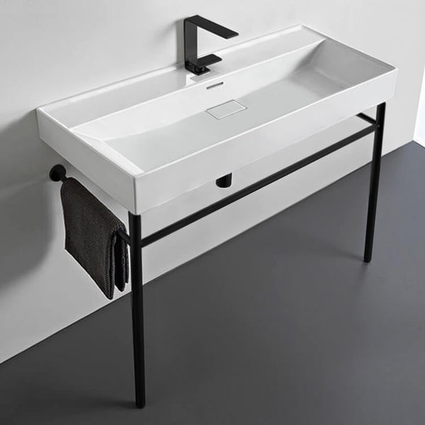 Sharp Rectangular White Ceramic Console Sink and Matte Black Stand - Stellar Hardware and Bath 