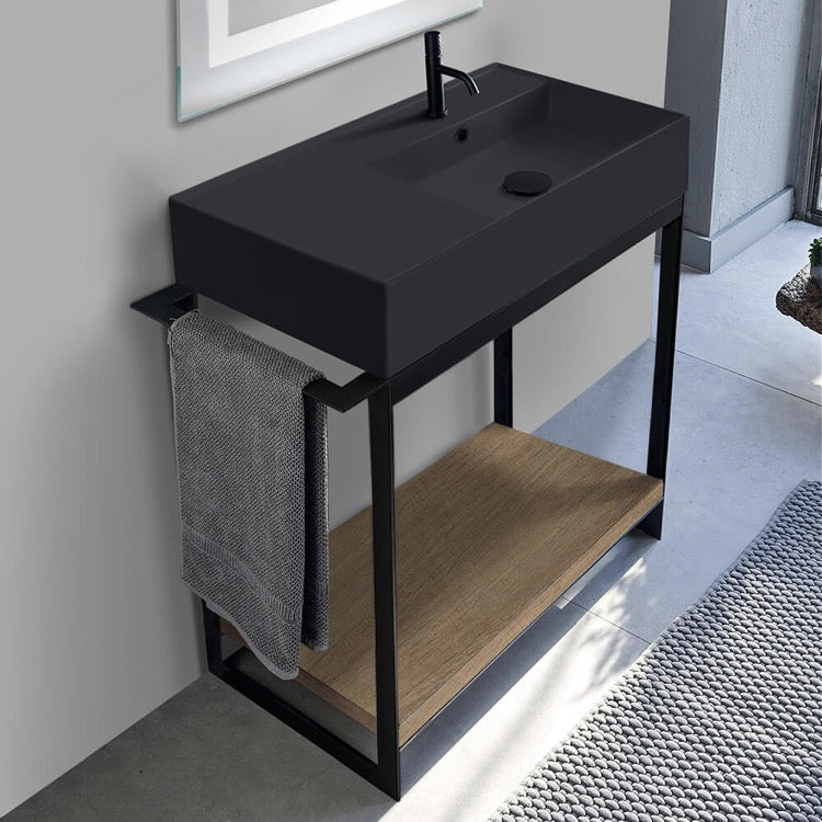 Solid Console Sink Vanity With Matte Black Ceramic Sink and Natural Brown Oak Shelf - Stellar Hardware and Bath 