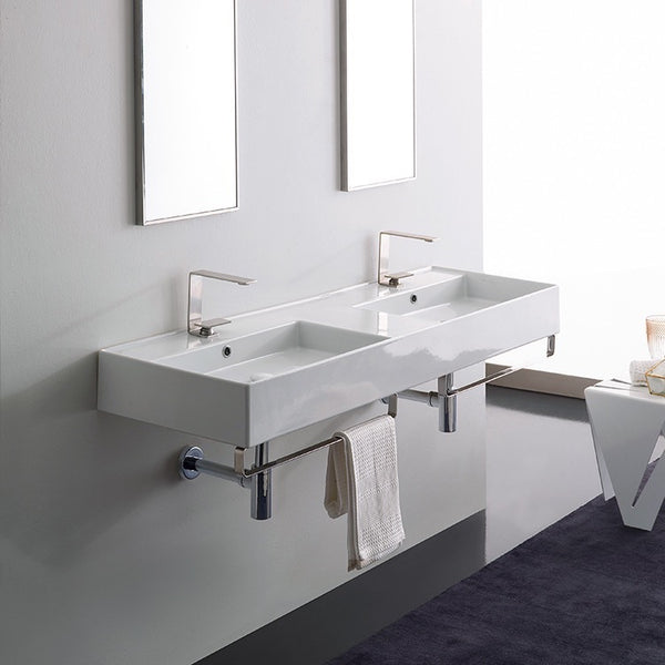 Teorema 2 Double Ceramic Wall Mounted Sink With Polished Chrome Towel Holder - Stellar Hardware and Bath 