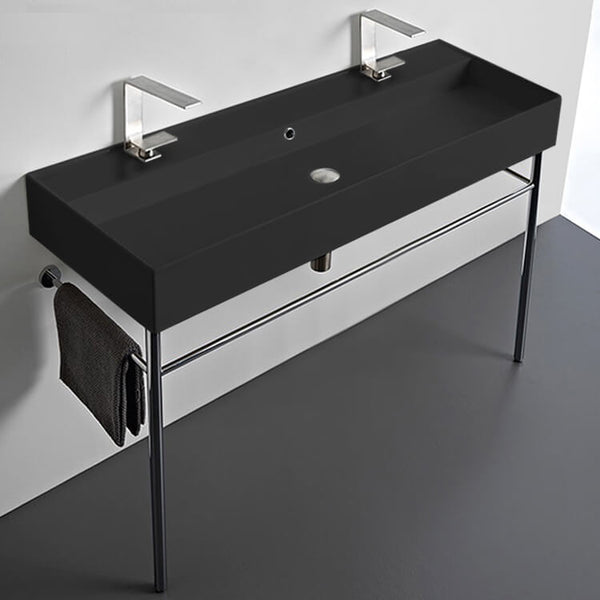 Teorema Double Matte Black Ceramic Console Sink and Polished Chrome Stand - Stellar Hardware and Bath 