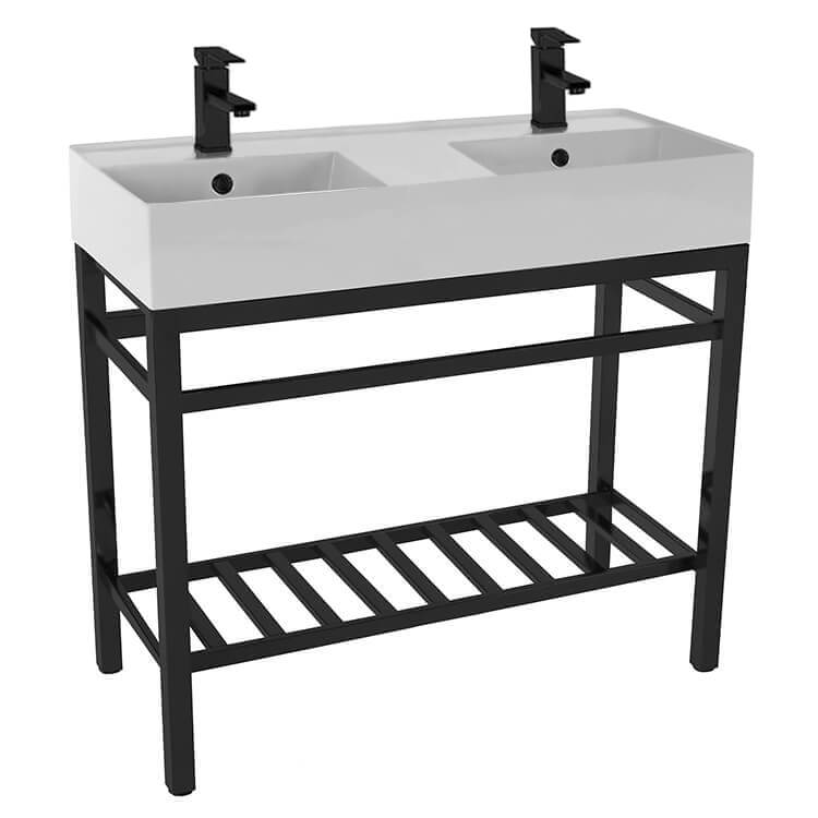 Teorema 2 Double Ceramic Console Sink With Matte Black Stand - Stellar Hardware and Bath 