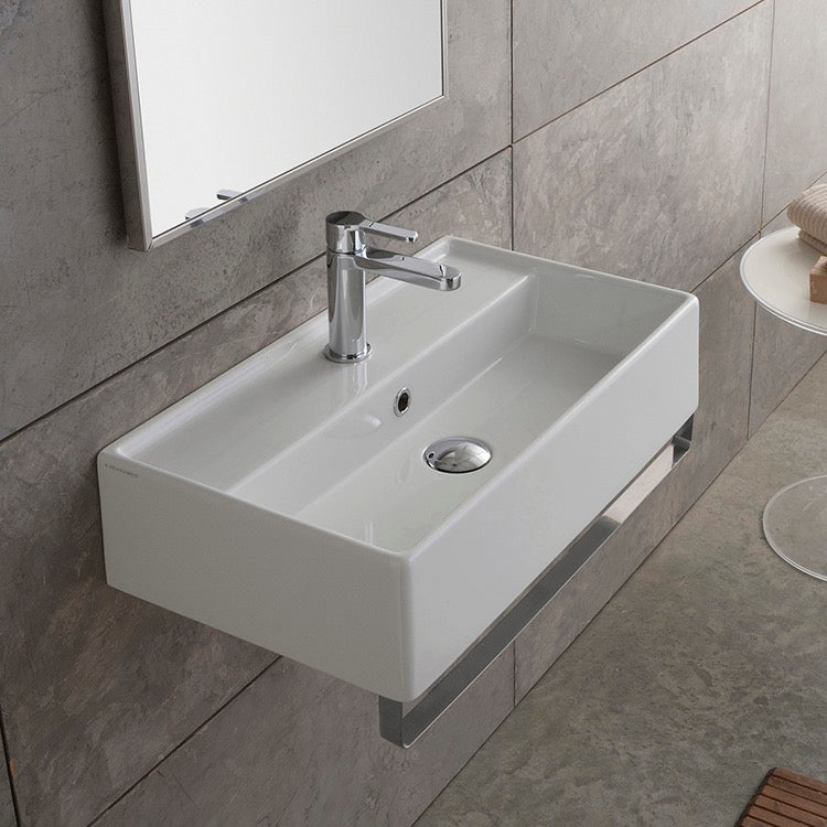 Teorema Rectangular Wall Mounted Ceramic Sink With Polished Chrome Towel Bar - Stellar Hardware and Bath 