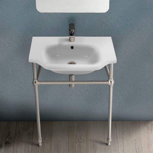 Yeni Klasik Traditional Ceramic Console Sink With Satin Nickel Stand - Stellar Hardware and Bath 