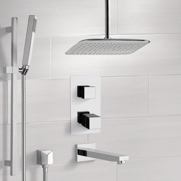 Galiano Chrome Thermostatic Tub and Shower System with Ceiling 14" Rain Shower - Stellar Hardware and Bath 