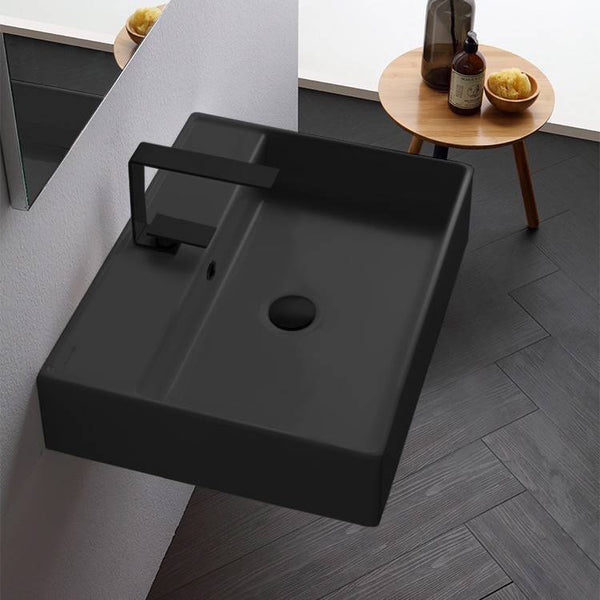 Teorema Rectangular Matte Black Ceramic Wall Mounted or Vessel Sink - Stellar Hardware and Bath 