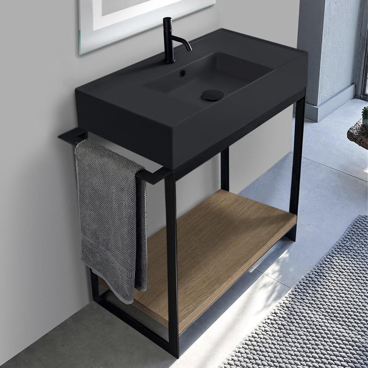 Solid Console Sink Vanity With Matte Black Ceramic Sink and Natural Brown Oak Shelf - Stellar Hardware and Bath 