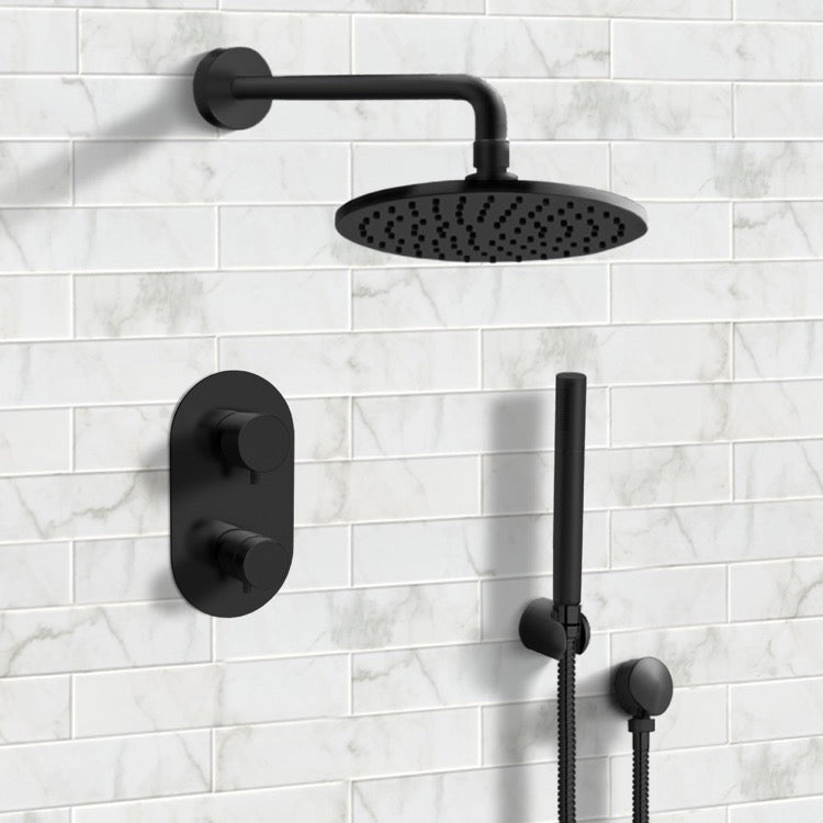 Galiano Matte Black Shower System With Rain Shower Head and Hand Shower - Stellar Hardware and Bath 