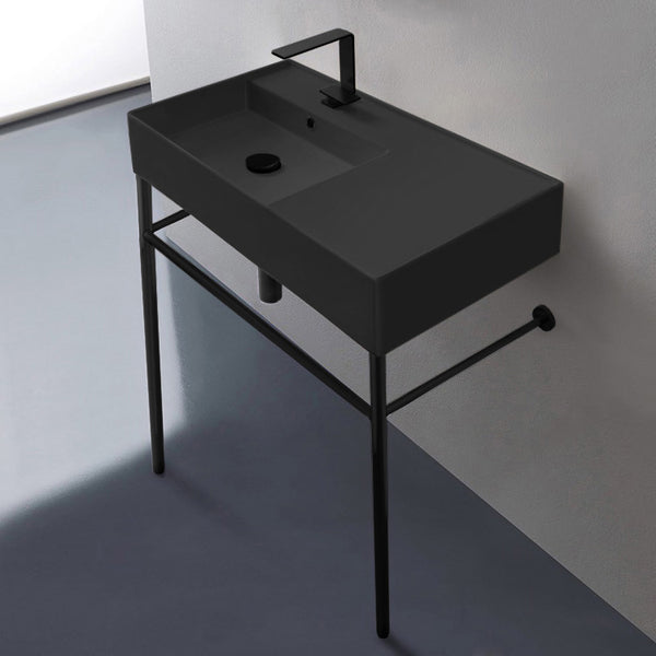 Teorema 2 Matte Black Ceramic Console Sink and Matte Black Stand - Stellar Hardware and Bath 