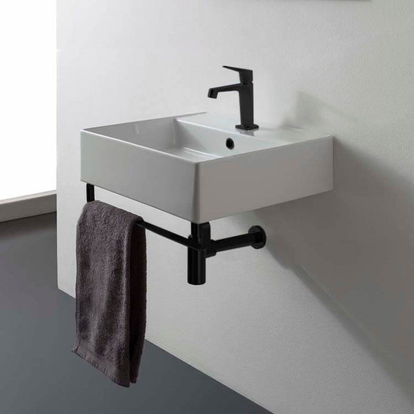 Teorema Square Wall Mounted Ceramic Sink With Matte Black Towel Bar - Stellar Hardware and Bath 