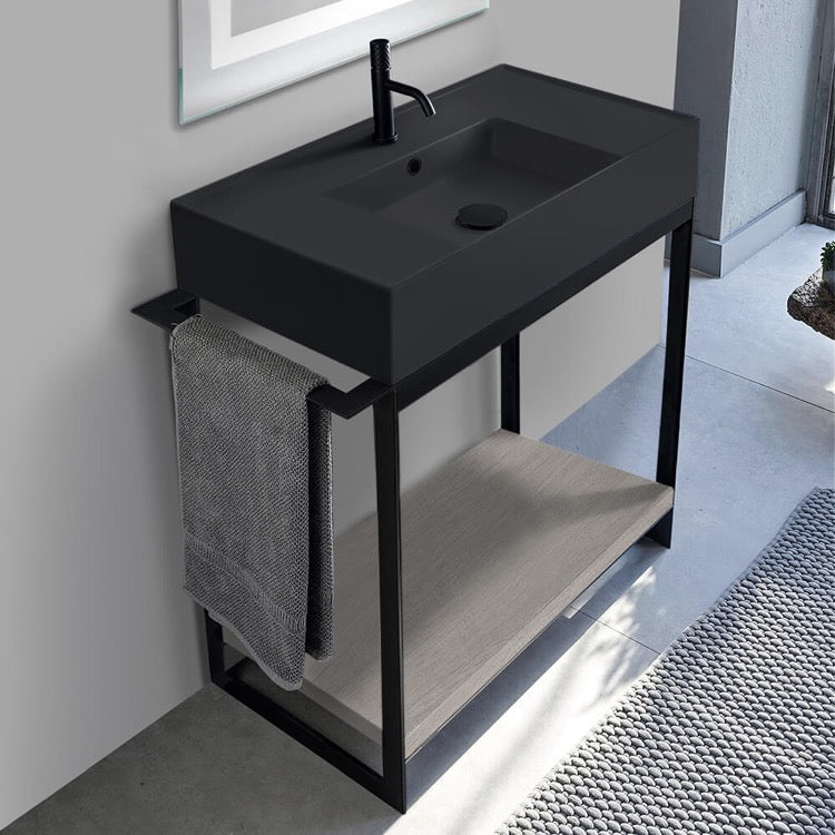 Solid Console Sink Vanity With Matte Black Ceramic Sink and Grey Oak Shelf - Stellar Hardware and Bath 