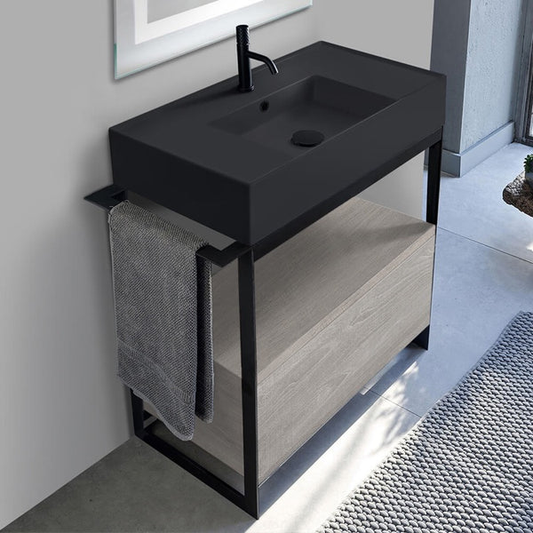 Solid Console Sink Vanity With Matte Black Ceramic Sink and Grey Oak Drawer - Stellar Hardware and Bath 