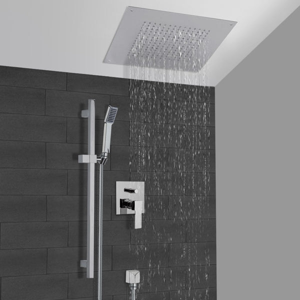 Rendino Chrome Shower System With 16" Rain Ceiling Mount Shower Head and Hand Shower - Stellar Hardware and Bath 