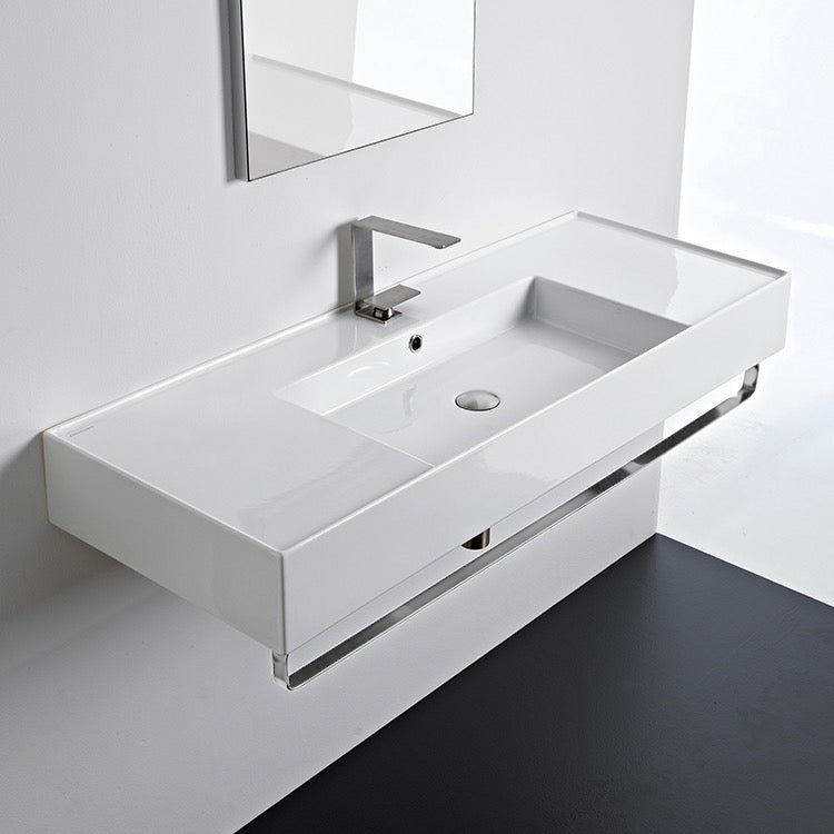 Teorema 2 Rectangular Ceramic Wall Mounted Sink With Counter Space, Includes Towel Bar - Stellar Hardware and Bath 