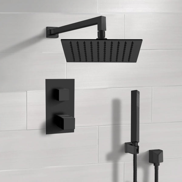 Orsino Matte Black Thermostatic Shower Set with Rain Shower Head and Hand Shower - Stellar Hardware and Bath 