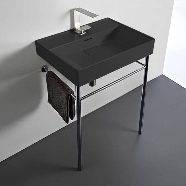 Sharp Rectangular Matte Black Ceramic Console Sink and Polished Chrome Stand - Stellar Hardware and Bath 