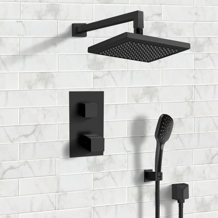 Orsino Matte Black Thermostatic Shower System with 8" Rain Shower Head and Hand Shower - Stellar Hardware and Bath 