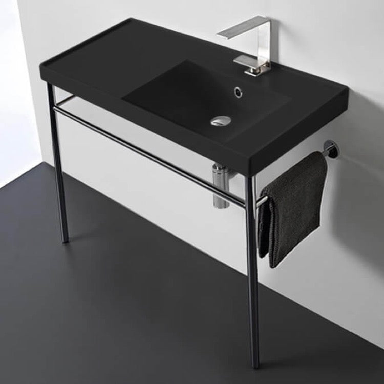 ML Matte Black Ceramic Console Sink and Polished Chrome Stand - Stellar Hardware and Bath 