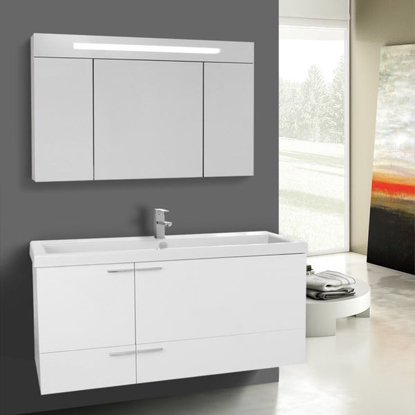 47 Inch Glossy White Bathroom Vanity with Fitted Ceramic Sink, Wall Mounted, Lighted Medicine Cabinet Included - Stellar Hardware and Bath 