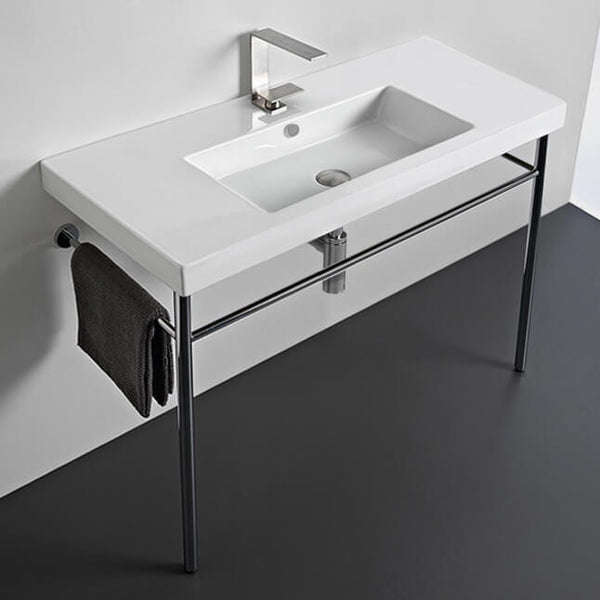 Cangas Rectangular Ceramic Console Sink and Polished Chrome Stand - Stellar Hardware and Bath 