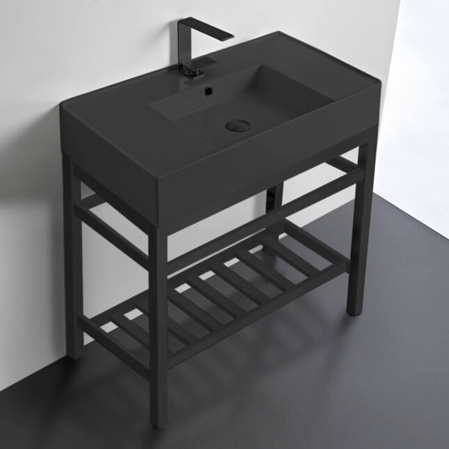 Teorema 2 Modern Matte Black Ceramic Console Sink and Matte Black Base - Stellar Hardware and Bath 