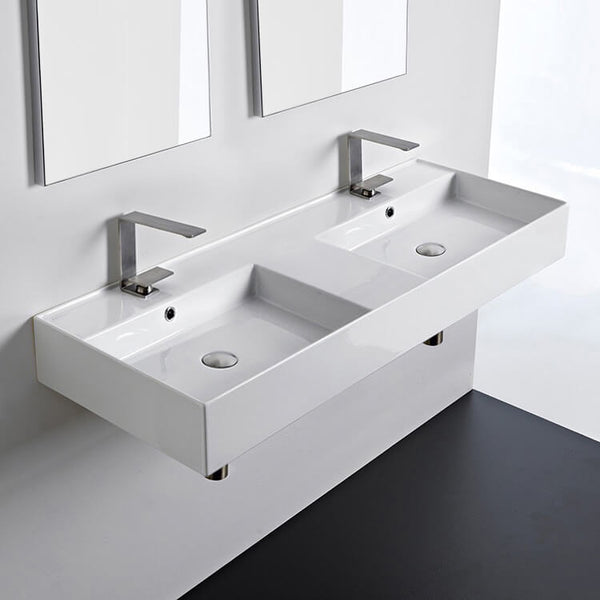 Teorema 2 Double Rectangular Ceramic Wall Mounted or Vessel Sink With Counter Space - Stellar Hardware and Bath 