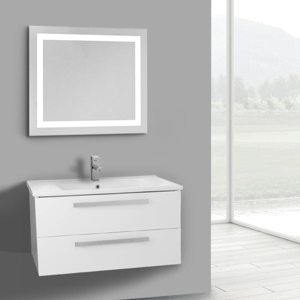 33 Inch Glossy White Wall Mount Bathroom Vanity Set, 2 Drawers, Lighted Mirror Included - Stellar Hardware and Bath 