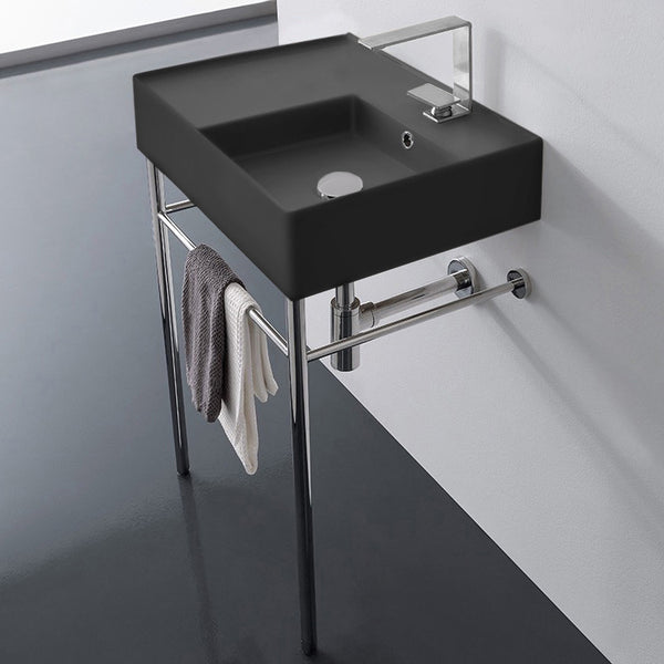 Teorema 2 Matte Black Ceramic Console Sink and Polished Chrome Stand - Stellar Hardware and Bath 