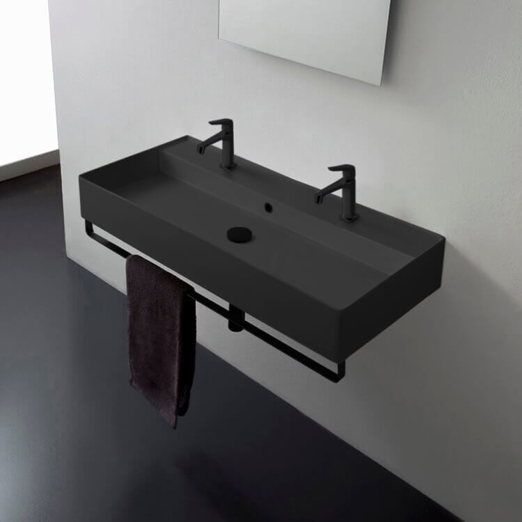 Teorema Double Matte Black Wall Mounted Ceramic Sink With Matte Black Towel Bar - Stellar Hardware and Bath 