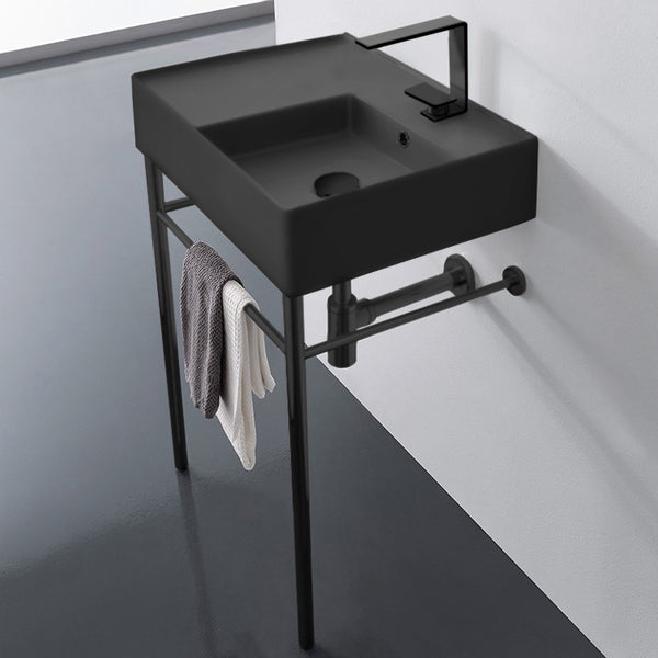 Teorema 2 Matte Black Ceramic Console Sink and Matte Black Stand - Stellar Hardware and Bath 