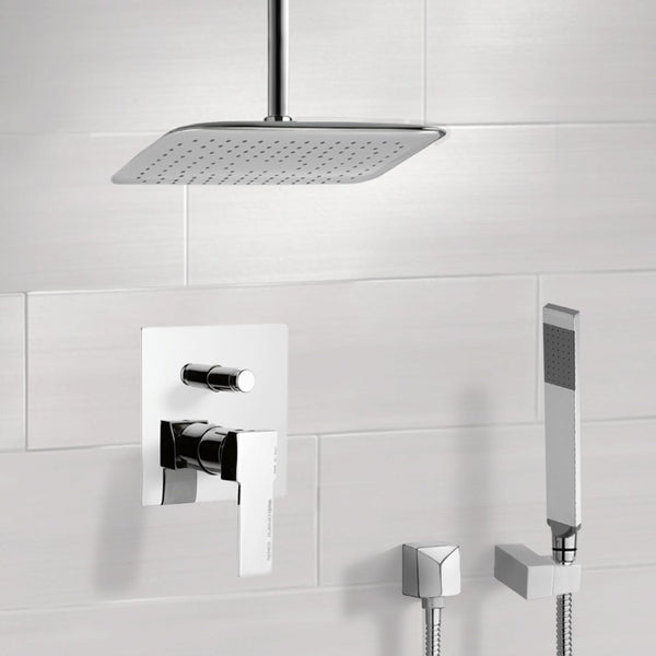 Orsino Chrome Shower System with Ceiling 14" Rain Shower Head and Hand Shower - Stellar Hardware and Bath 