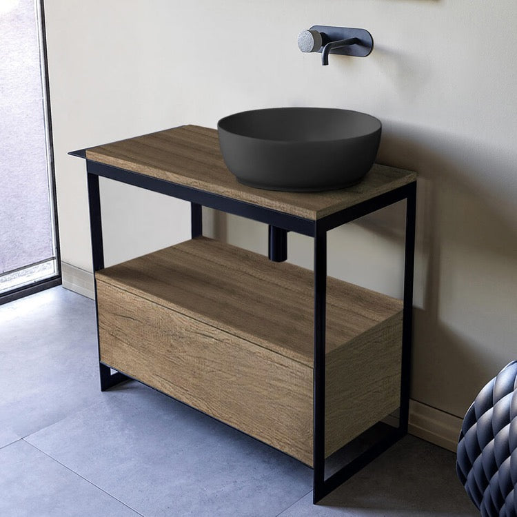 Solid Console Sink Vanity With Matte Black Vessel Sink and Natural Brown Oak Drawer - Stellar Hardware and Bath 