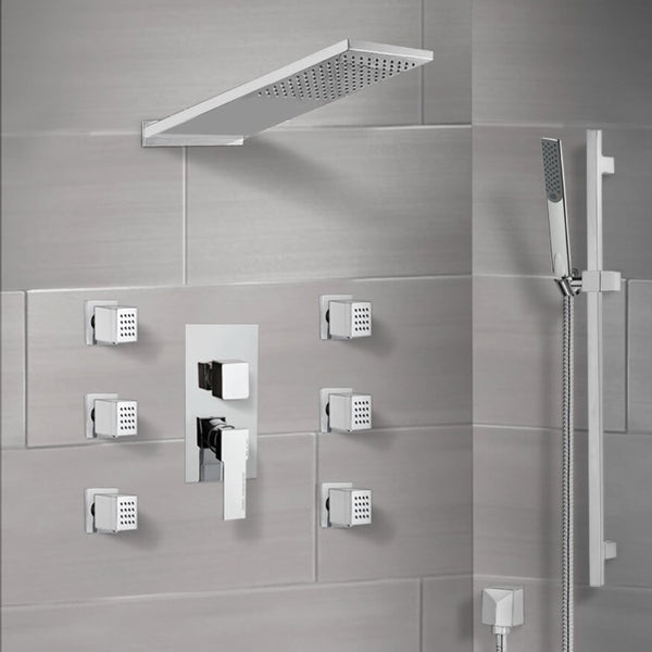 Raniero Chrome Shower System with Rain Shower Head, Hand Shower, and Body Sprays - Stellar Hardware and Bath 